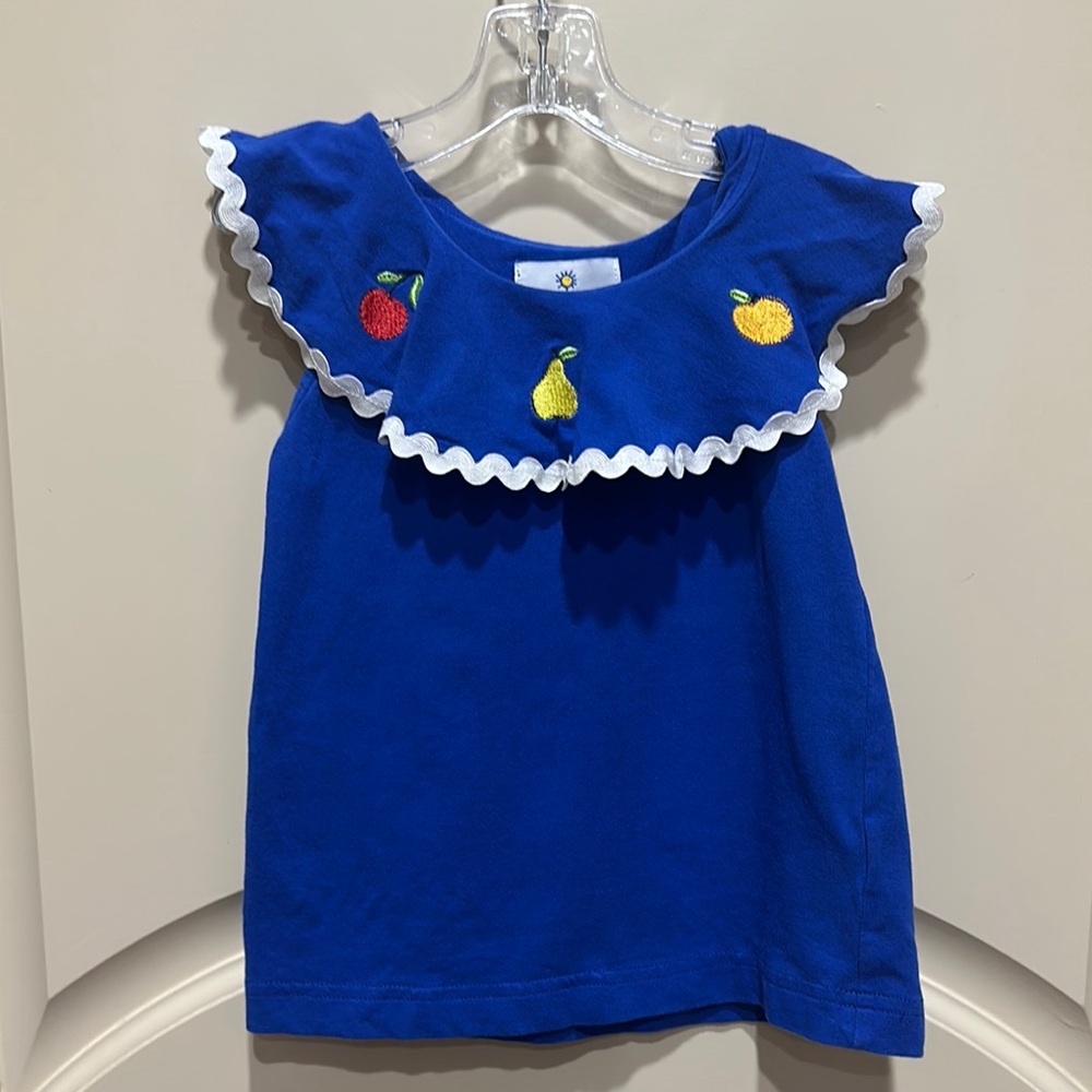 Florence Eiseman Blue and Red Blouse with Playful Fruit Collar